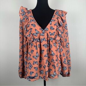 Simply Southern Butterfly Babydoll Ruffle Blouse Womens Large New